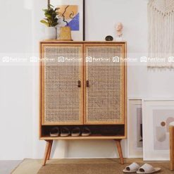 Tủ cabinet gỗ tự nhiên bọc mây phòng khách đựng giày & chứa đồ