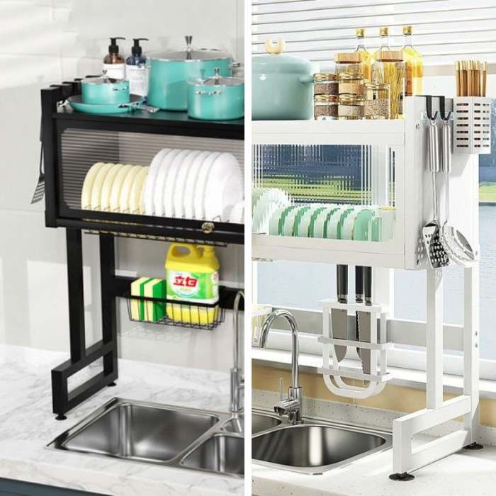 Kệ úp chén bát trên bồn màu đen & trắng