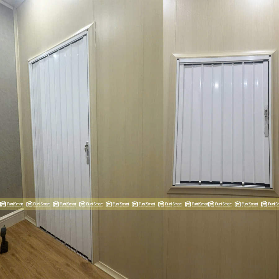 Vách ngăn phòng nhựa Nano kết hợp cửa xếp nhôm trắng